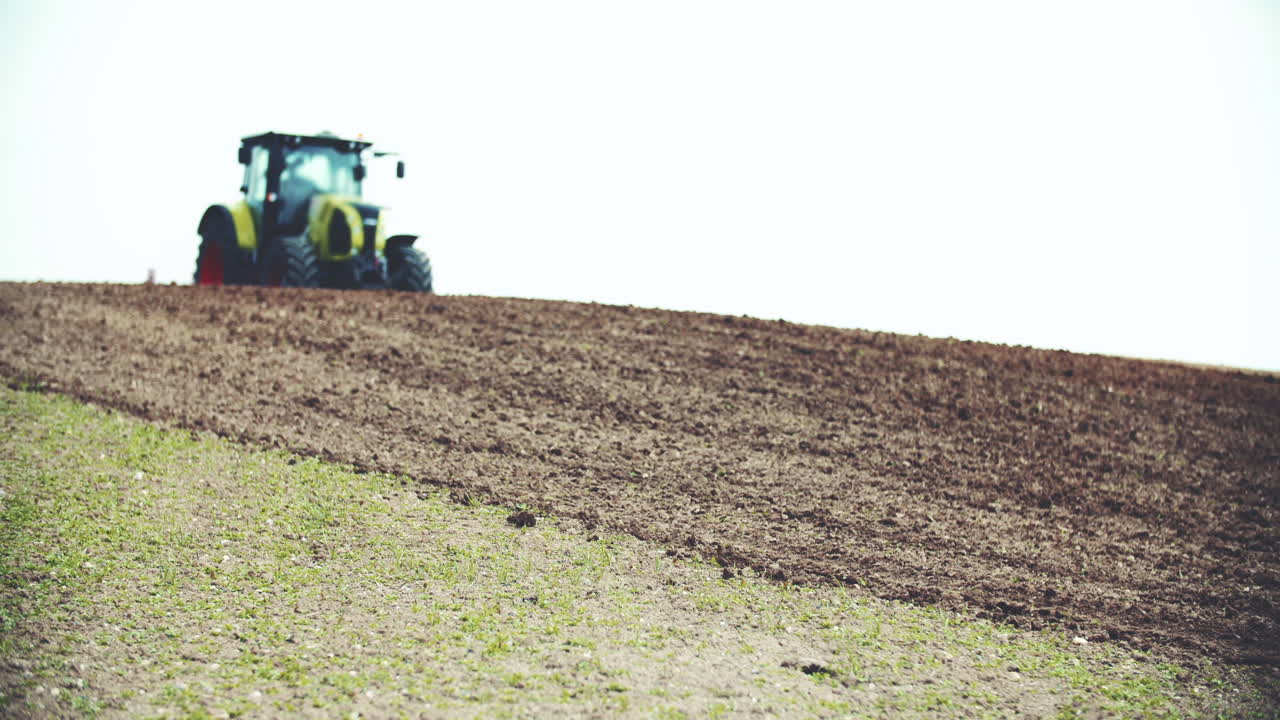 Trattore agricolo che ara un campo con germogli verdi