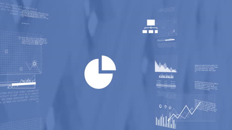 animation of media icons and charts processing data on blue background