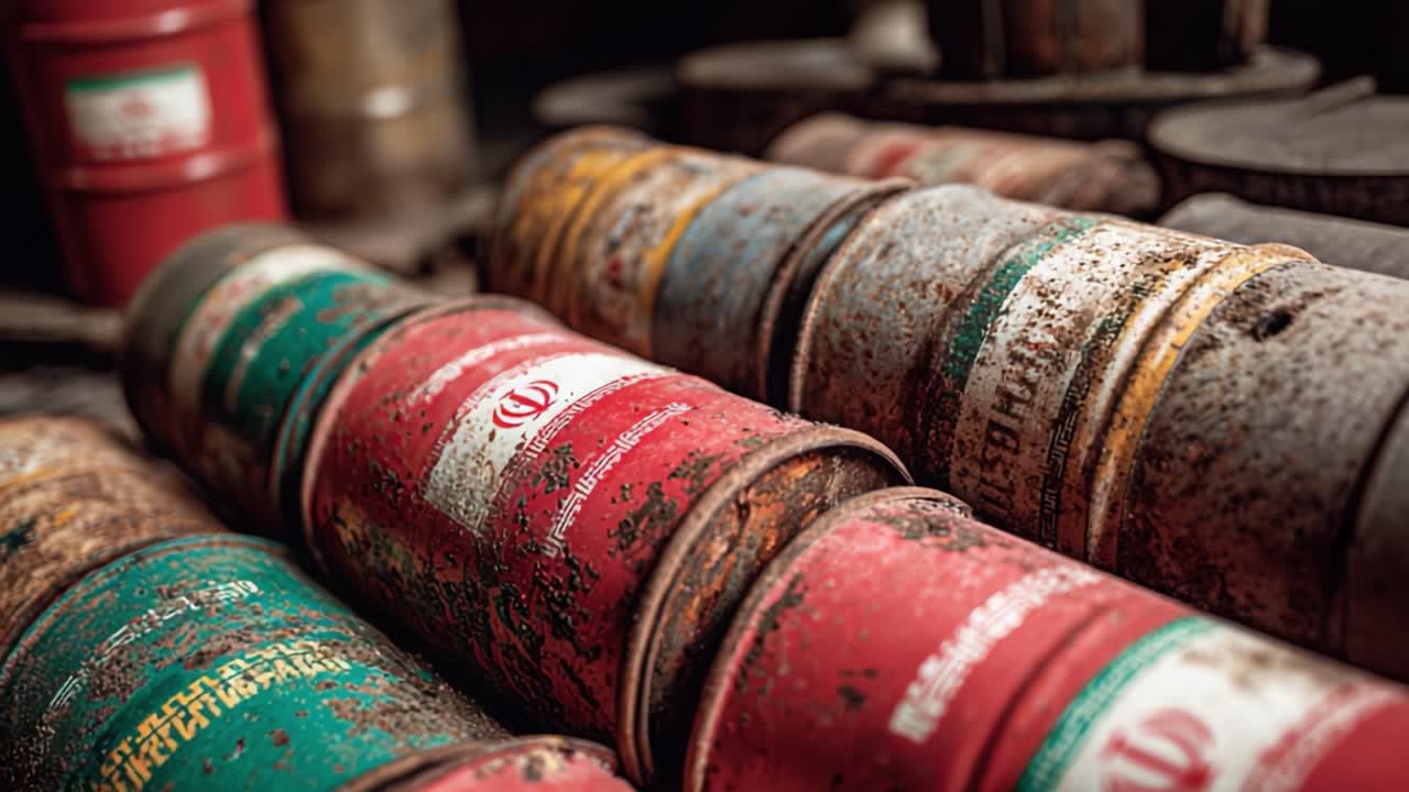 Rustne og forvitrede metalfade, der viser en samling af gamle og forladte beholdere akkumuleret over tid med lag af støv og korrosion.