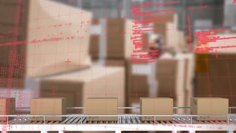 animation of data processing over cardboard boxes on conveyor belt