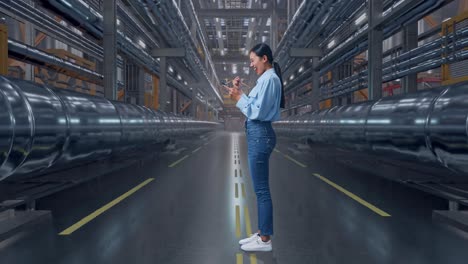 full body side view of an asian female professional worker standing with her phone in a in big warehouse filled with metal pipes, she raises her fist up with screaming goal
