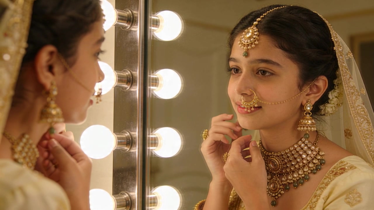 Checking teenage bride adjusting nath and choker at lit vanity mirror, wearing maang tikka dupatta