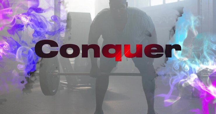 Mand griber vægtstang og påbegynder dødløft under fitness-træning, med "Conquer"-overlay og stigende røg.
