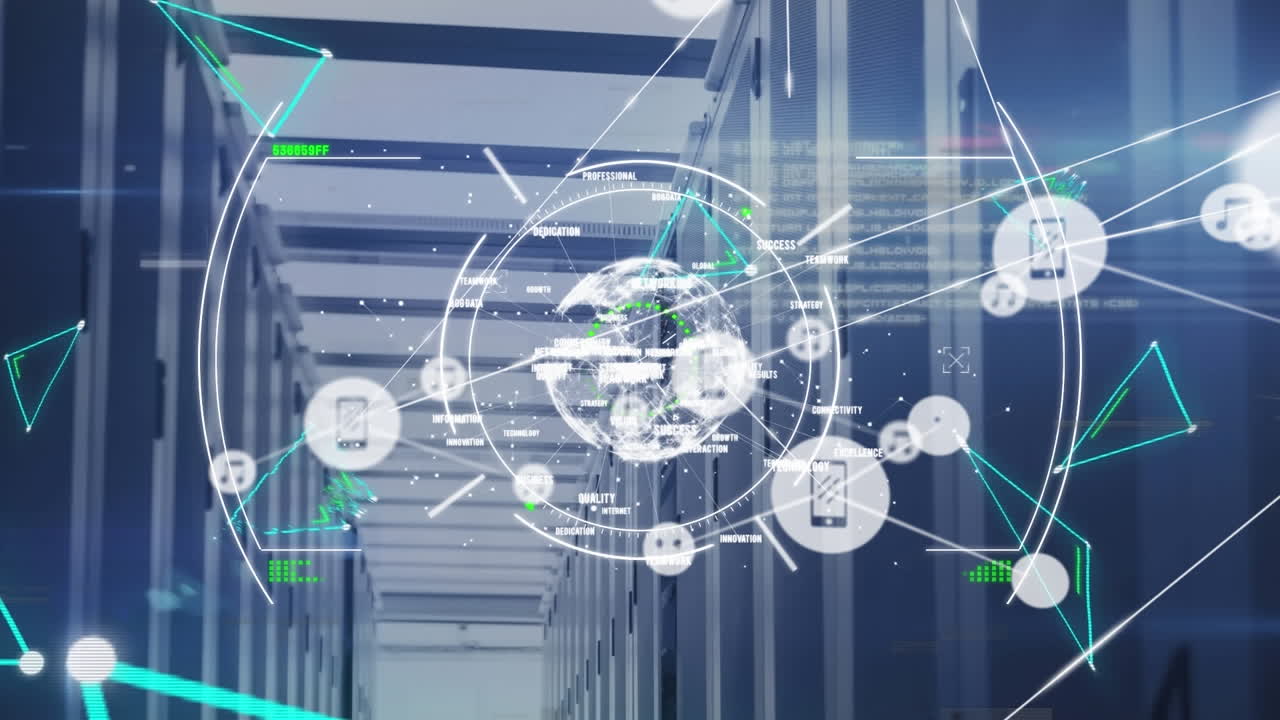 Animation of network of connections and data processing over server room