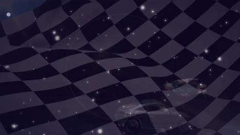 animation of flashing lights over waving black and white racing flag