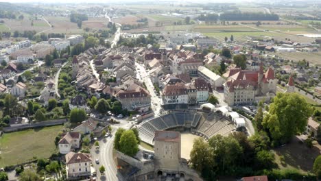 aerial orbit of avenches roman arena and medieval castle