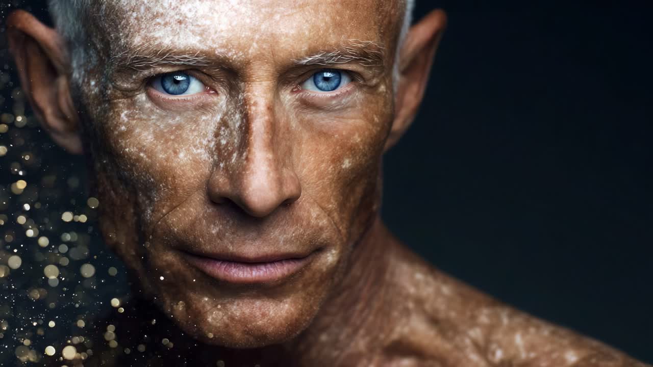 A Captivating Portrait of an Elderly Man with Striking Blue Eyes and Unique Textured Skin, Enhanced by Delicate Sparkles and a Dramatic Dark Background, Evoking a Sense of Mystery and Depth