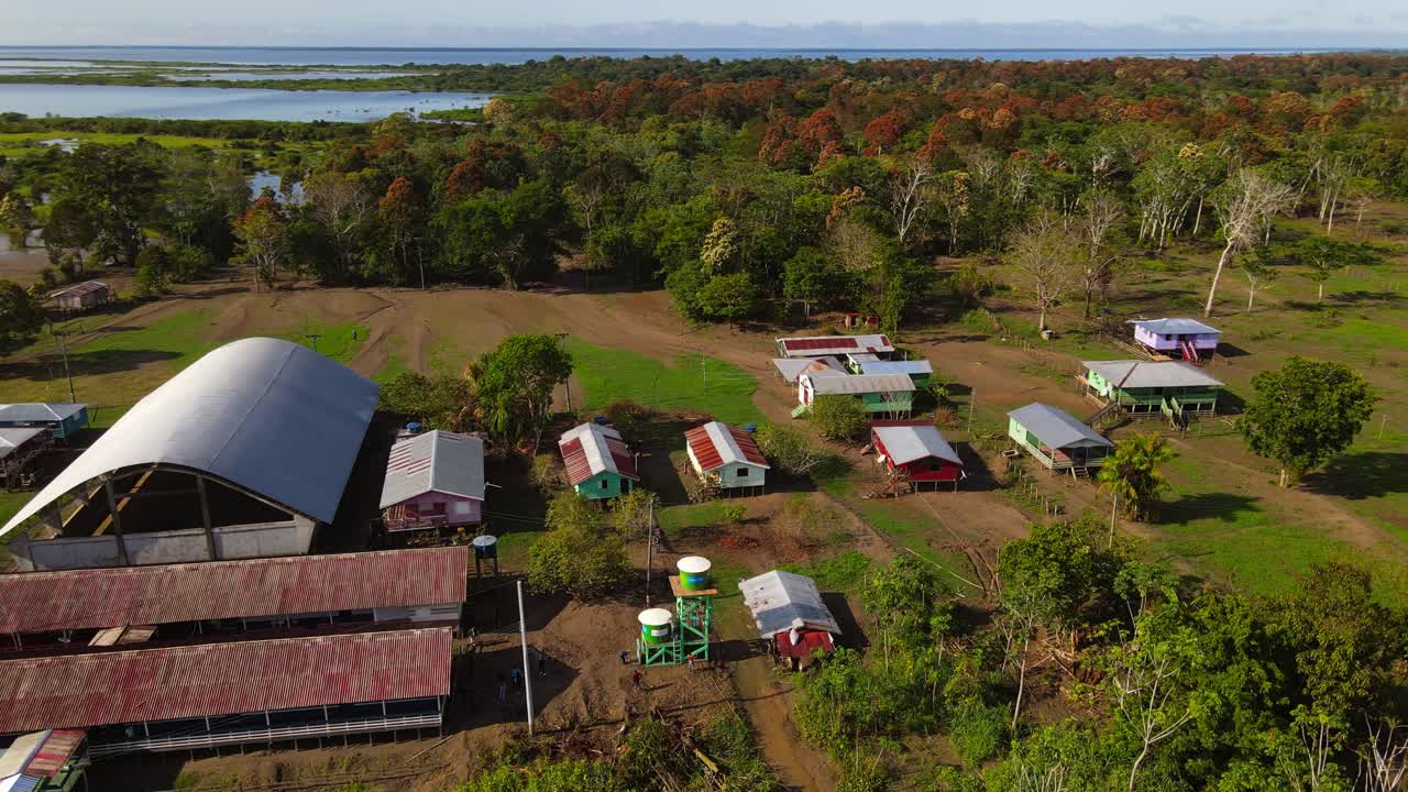 A small village in the amazon rainforest, with colorful houses and greenery., aerial view
