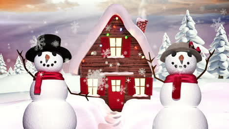 seamless christmas scene with waving snowman and woman