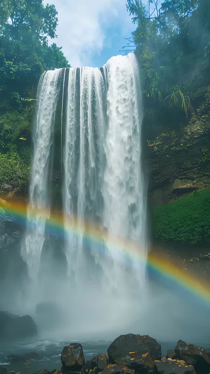 Vertical video: Plunging waterfall descending cliff into mist, sunlight forming rainbow arc