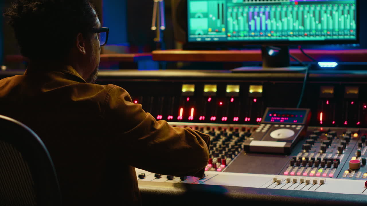 African american producer working at mixing panel in recording studio