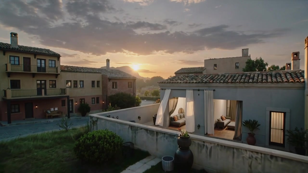 Il sole che sorge spinge la telecamera a muoversi, mostrando una cabana con una donna sdraiata in abbigliamento da casa, mentre le tende ondeggiano.