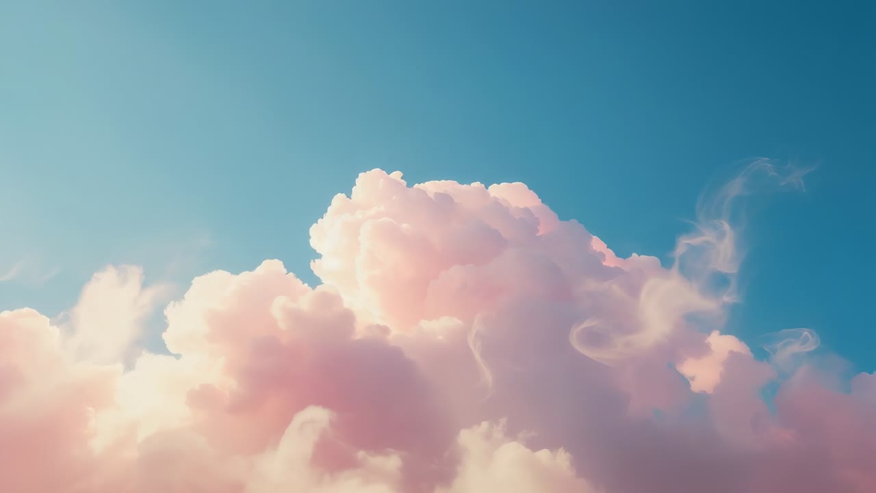 Pulling back camera revealing broader pastel-pink cumulus cloud bank at open sky, sunlight shifting