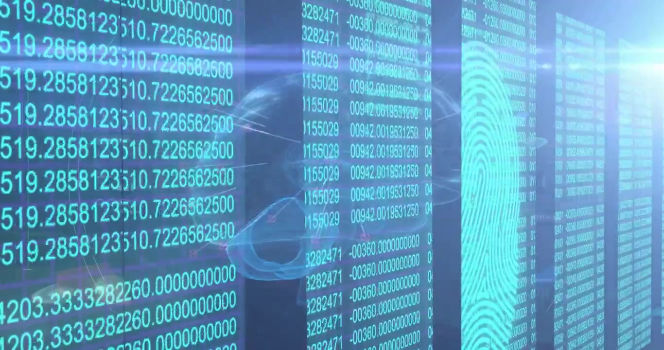 Camera panning data columns scrolling fingerprint shifting linking nodes to brain showing data flow