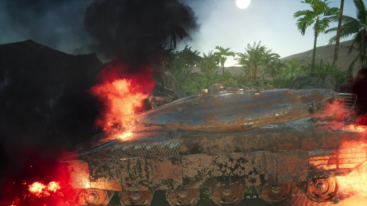 해가 지는 동안 사막에서 불타는  ⁇ 크