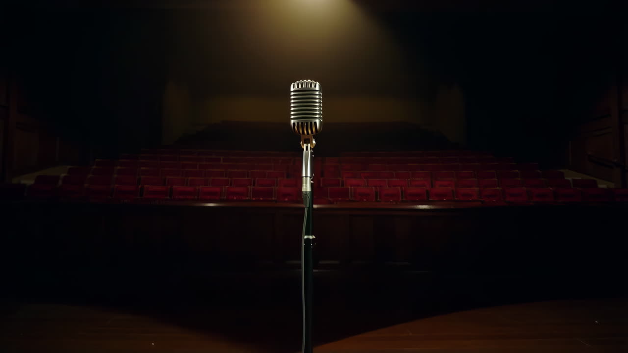 Vintage Microphone on Empty Stage with Spotlight