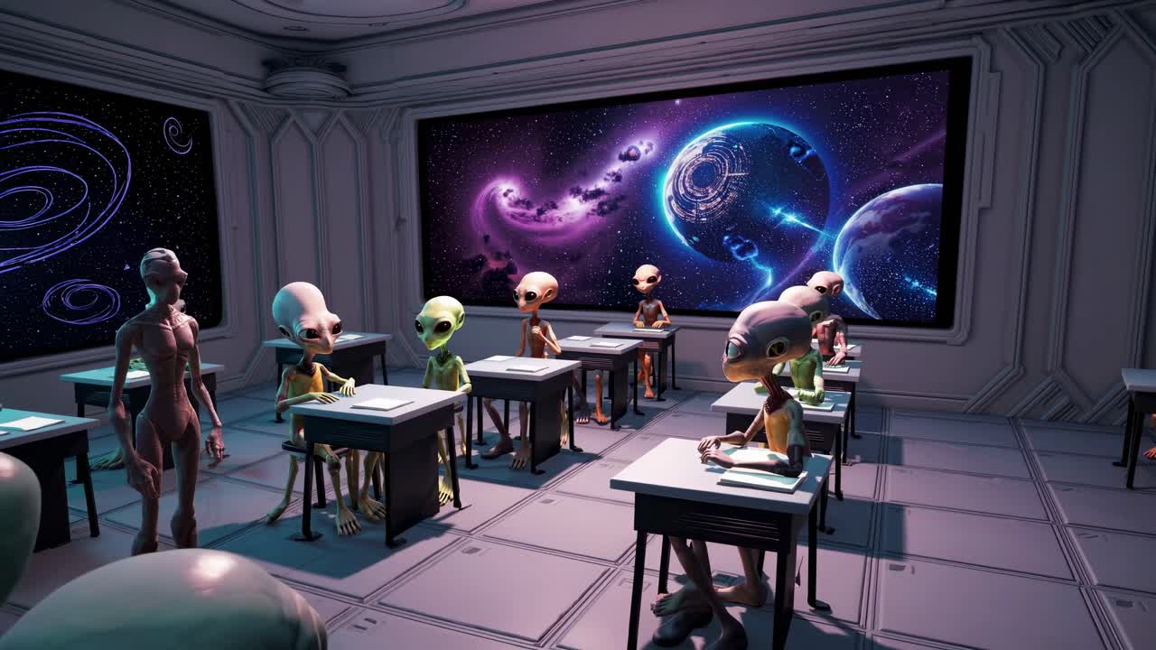 High tech learning space featuring extraterrestrial learners studying cosmic landscapes, instructors guiding interactive presentation on planetary systems and stellar formations