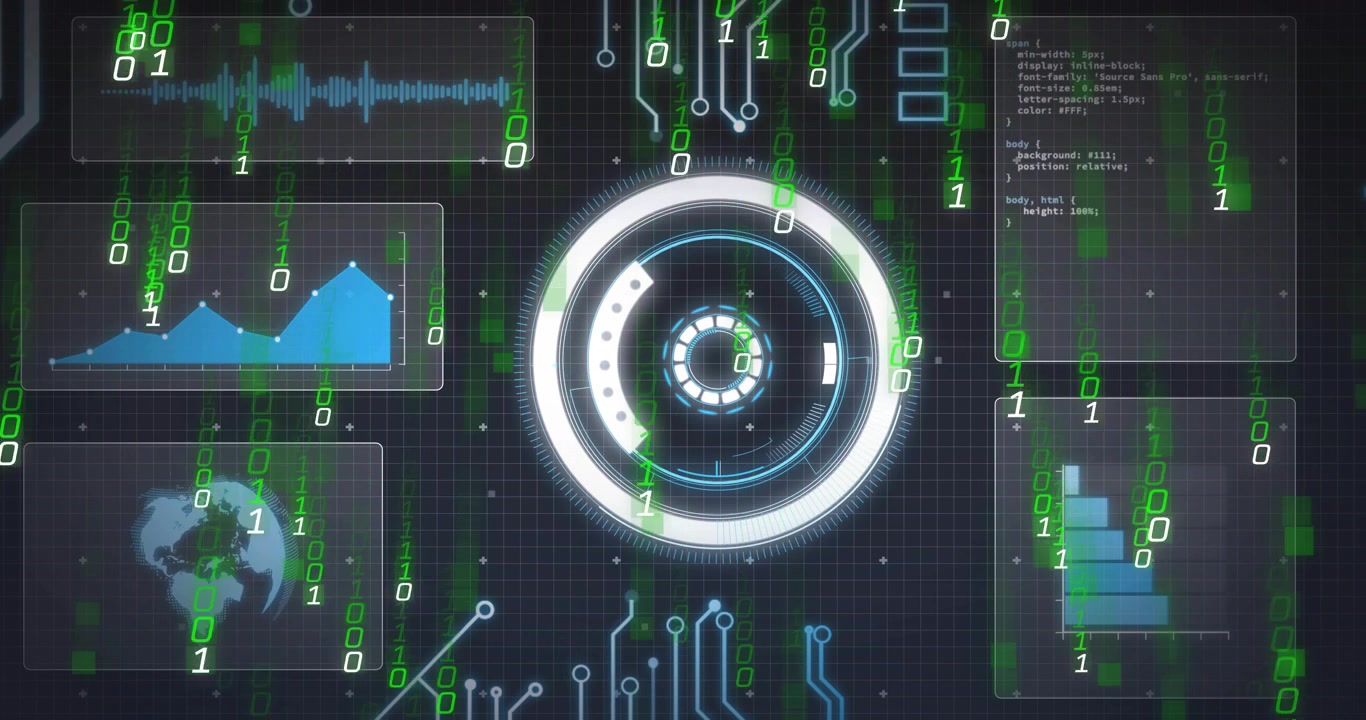 Central HUD powering, rotating rings, panels filling and binary stream falling, visualizing data