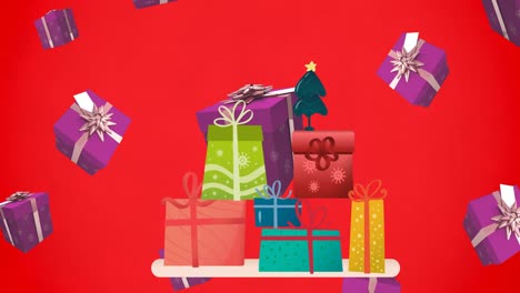 Animación-De-Regalos-Cayendo-Sobre-Fondo-Rojo