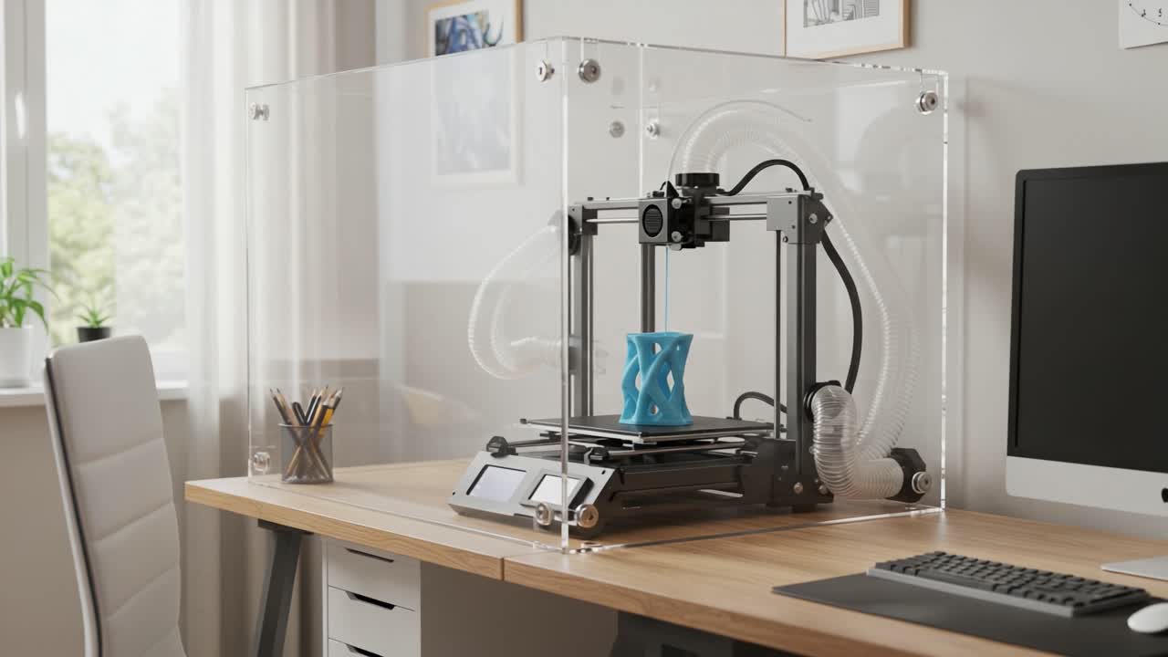 A Modern Home Workspace Featuring a 3D Printer Enclosed in a Clear Case, Showcasing an Intricate Blue Filament Print on a Sleek Wooden Desk with a Computer Setup