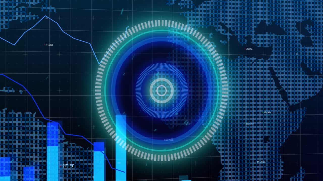 animación del círculo de procesamiento, los datos y el mapa del mundo sobre fondo negro