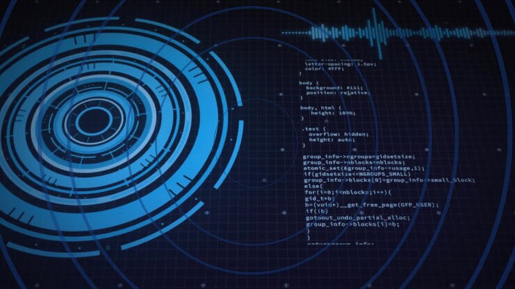 Animation of circles over scope scanning and data processing on black background