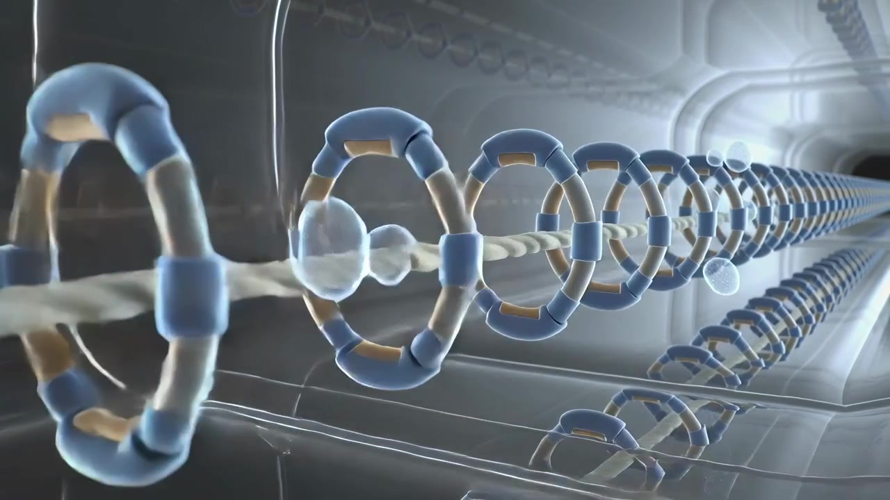 Moving camera forward showing twisted rope and bubbles along blue clamps in chamber, showing depth