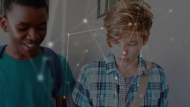 Animation of network of connections over diverse schoolchildren walking