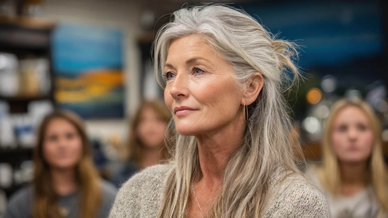 Engaging Expression of a Thoughtful Woman with Gray Hair, Absorbing Insights in a Gathered Group Setting Surrounded by Subtle Background Colors