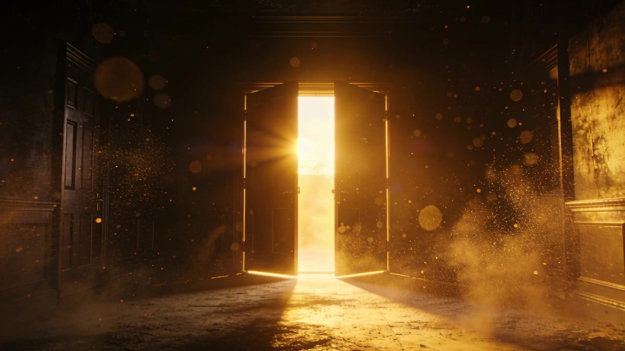 Puertas de madera que dejan pasar un rayo dorado del amanecer, iluminando un vestíbulo vacío y levantando polvo.