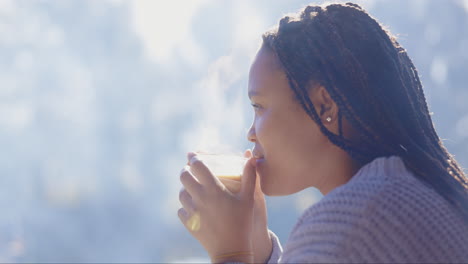 black woman, outdoor and camping, coffee and fog