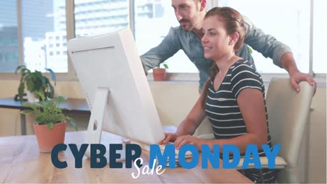 Cyber-Monday-Text-Und-Geschäftskollegen,-Die-Am-Computer-4k-Arbeiten