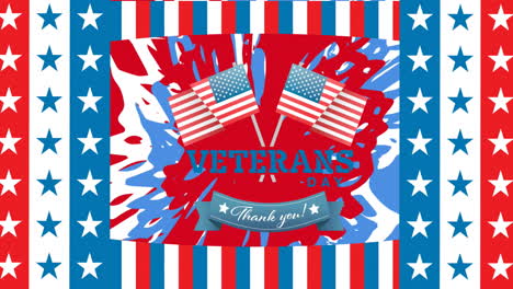 animation of veterans day thank you text with american flags, over stars and stripes patterns