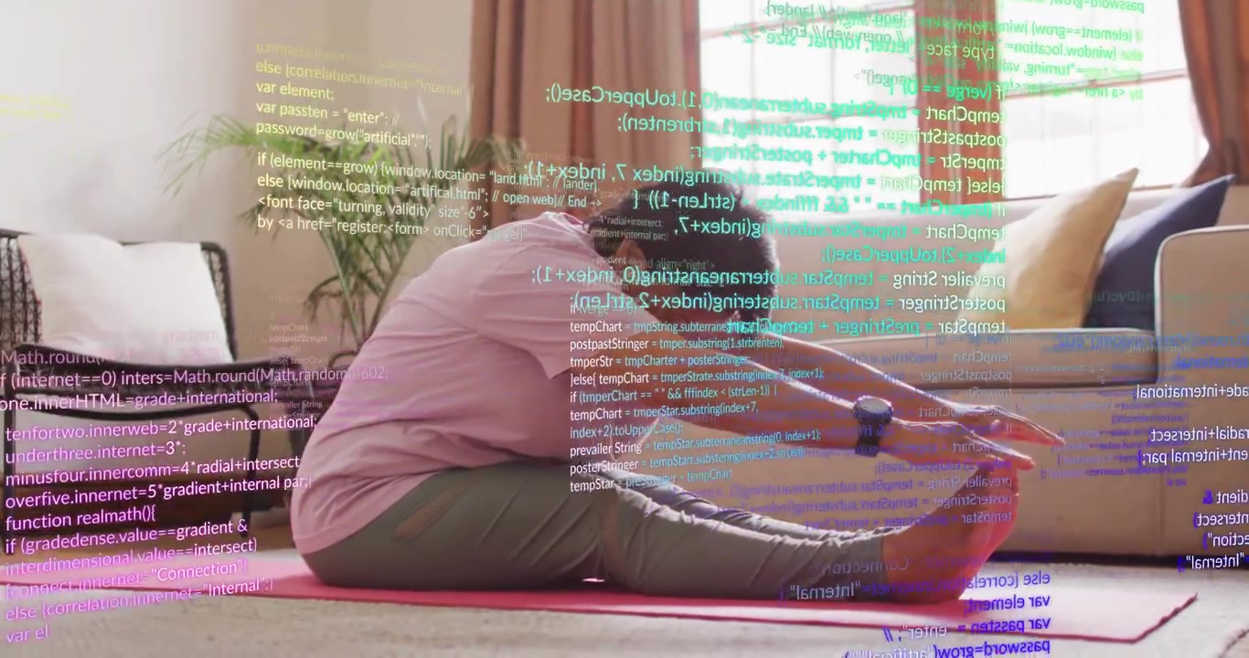 Senior woman inhaling and exhaling for yoga, performing seated forward bend on pink mat