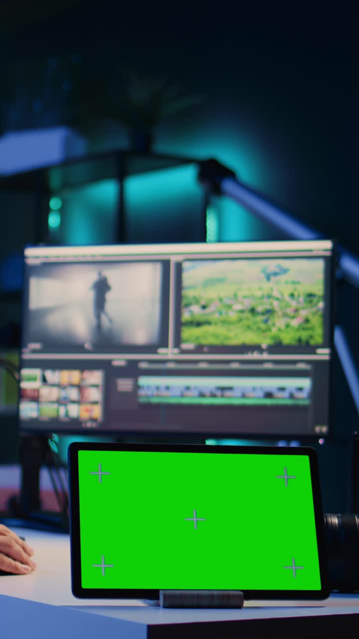 Vertical video Chroma key tablet next to video editor using editing software to upgrade footage