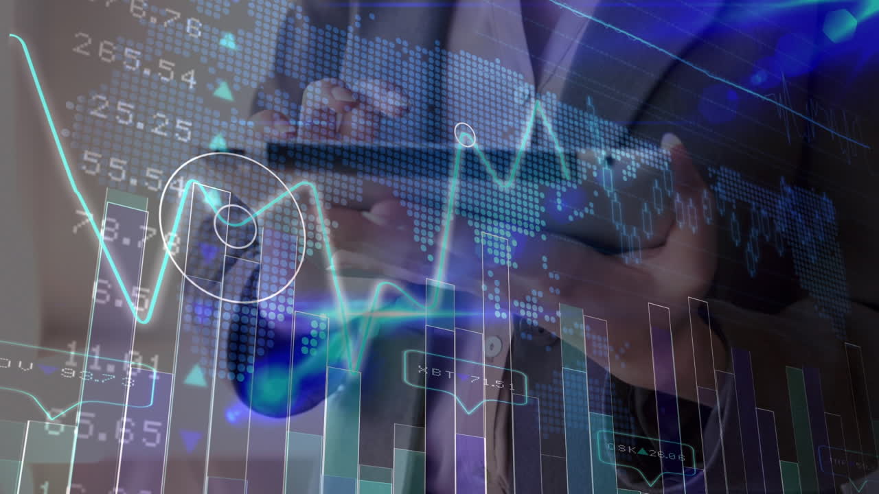 Animazione dell'elaborazione di dati finanziari su un uomo caucasico che usa uno smartphone