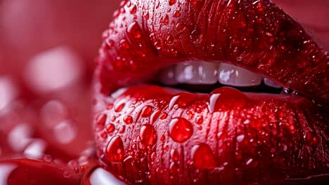 A close up of a red lip with water droplets on it. The droplets are small and scattered, giving the impression of a fresh, natural look. The lip is bold and striking