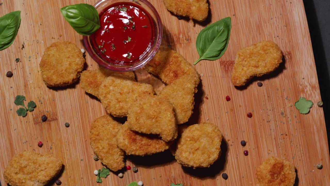 nuggets de pollo vegetariano marrón dorado en una tabla para cortar con albahaca y guarnición de granos de pimienta en una tabla para cortar vista giratoria desde arriba mirando hacia abajo