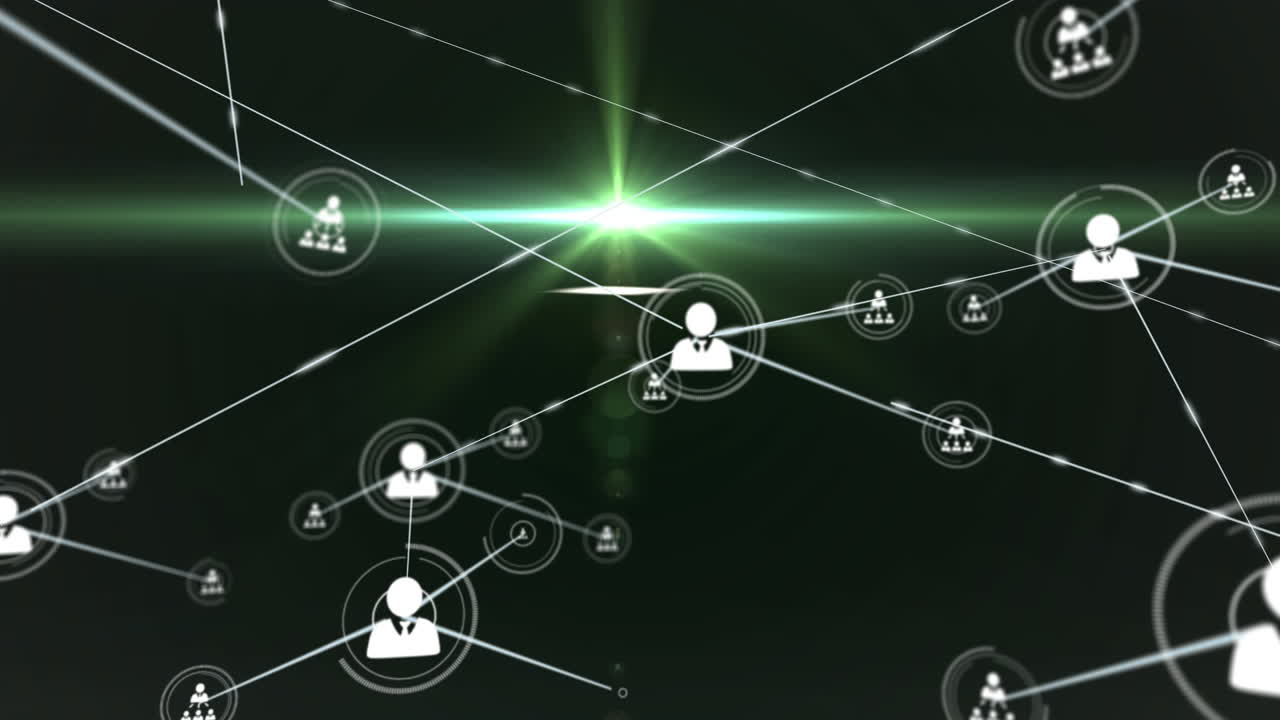 Animation of network of connections with icons over dark background
