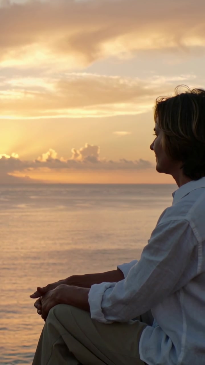 Vertical video: Sunset shifting, woman sitting on shore reflecting, watching horizon, copy space