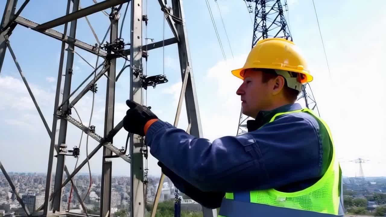 Electrical technician working on a power tower.