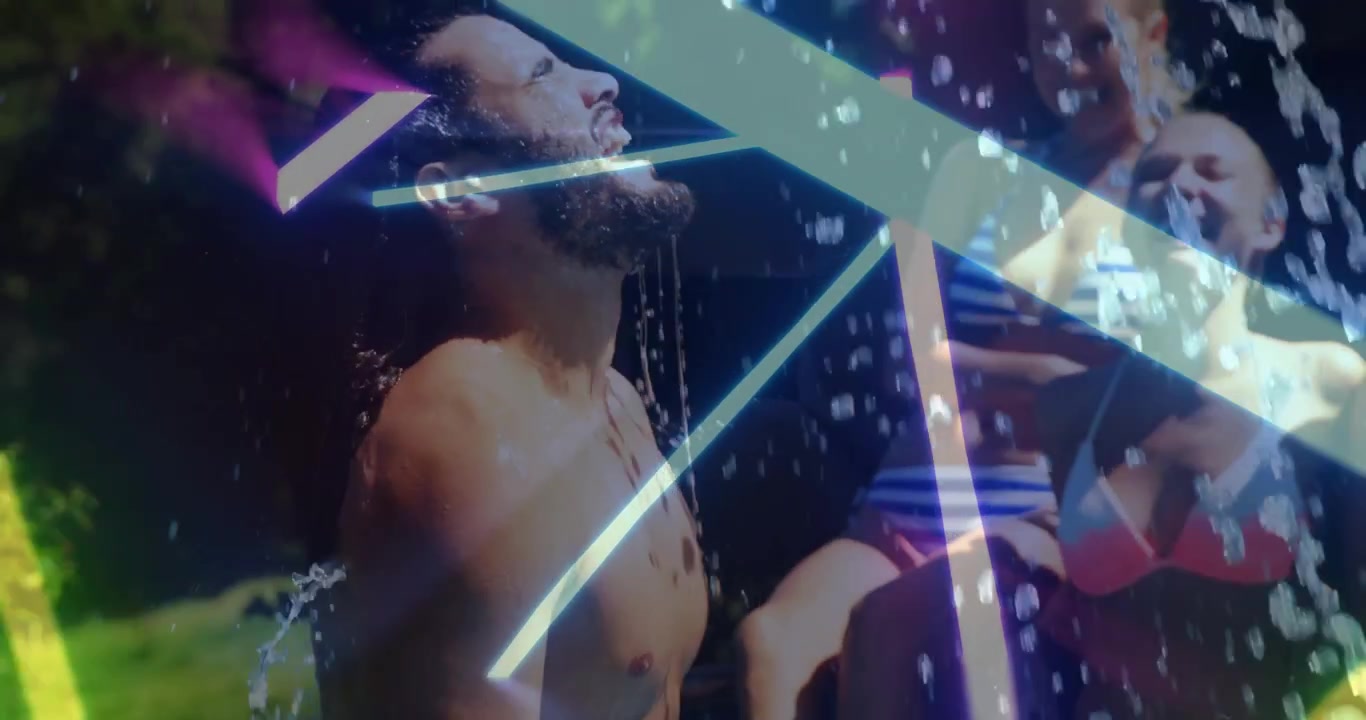Vídeo vertical: Homem saindo da piscina, espirrando água, divertindo amigos, cena com sobreposição de néon, anúncios