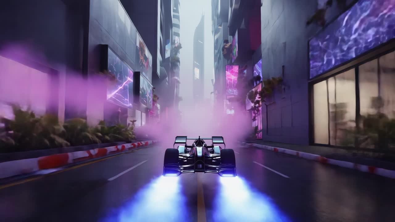 Formula 1 race car speeding through a futuristic city