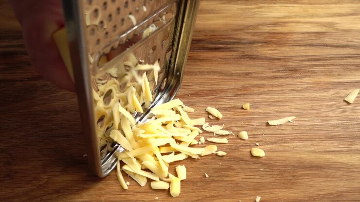 Il cuoco grattugia il formaggio su una grattugia. Rallentatore