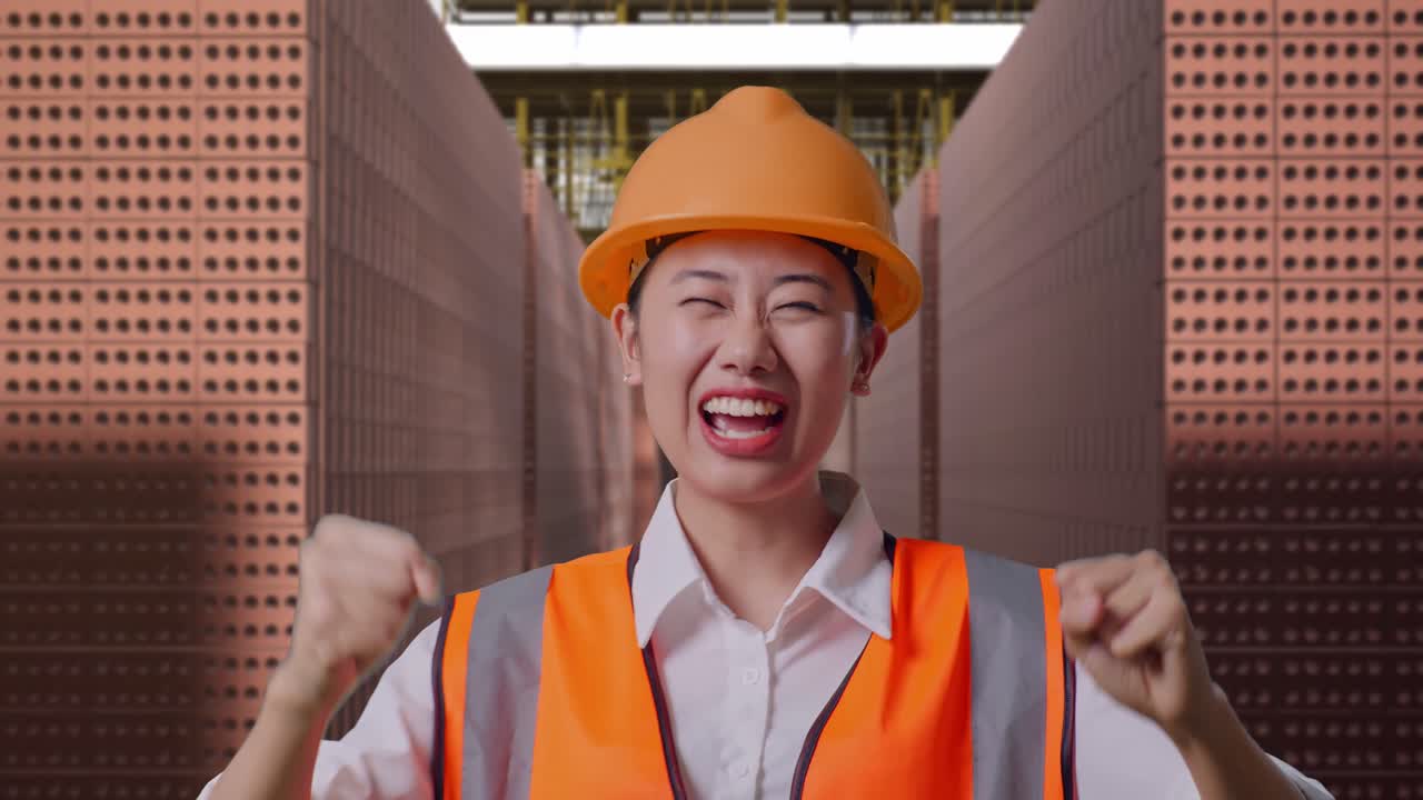 Close Up Of Asian Female Engineer With Safety Helmet Screaming Goal And Dancing Celebrating With Red Brick Packed in Stacks Are Stored