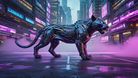 cybernetic panther in a neon cityscape
