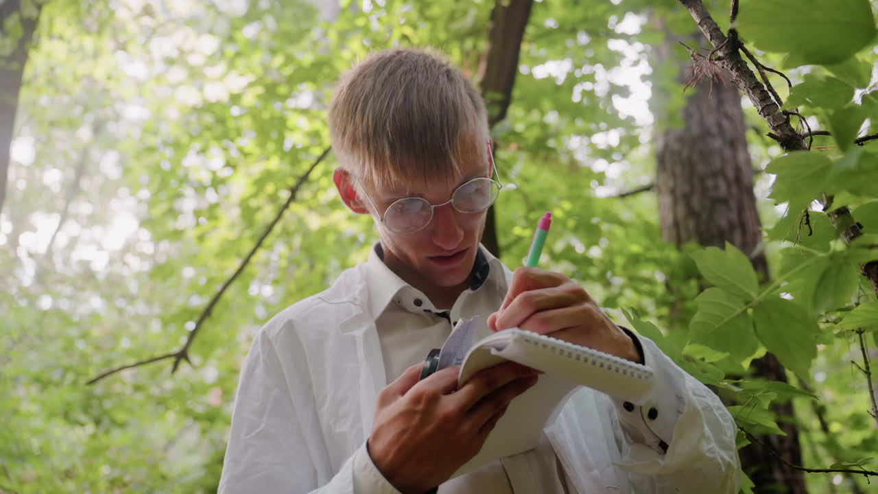 Ecologist in white coat stands in forest with serious expression writing notes in jotter using pen, documenting research observations and focusing on ecological study surrounded by dense greenery