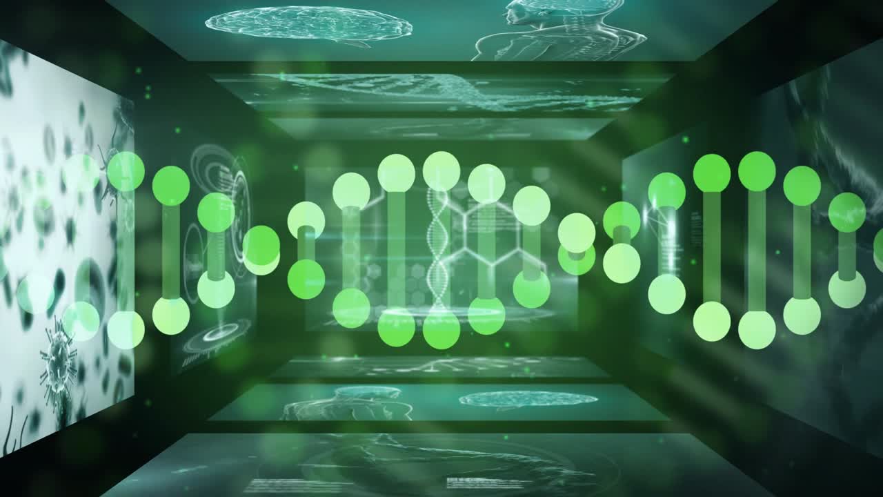 廊下に出現した粒子が、緑色のノードで二重らせん構造を形成し、回転しながらDNAを視覚化する。