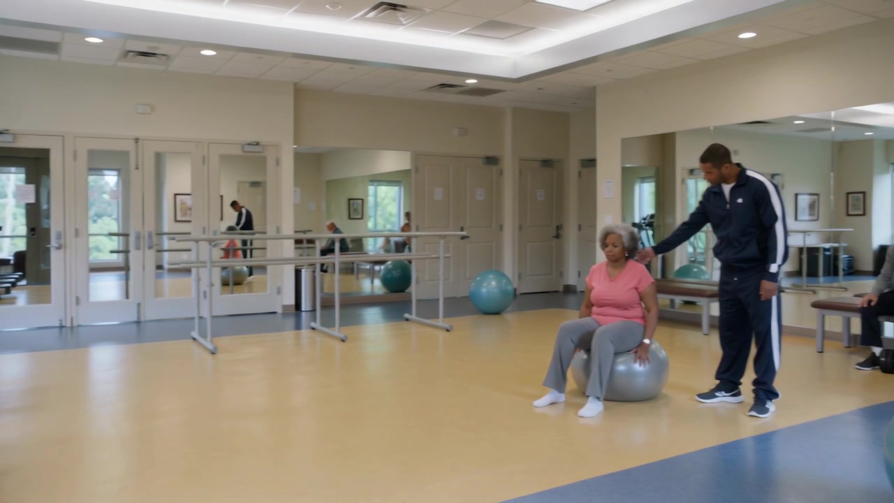 Entrenador estabilizando una pelota plateada, guiando a una mujer mayor de rosa que levanta las piernas en un gimnasio de rehabilitación, espacio para texto.