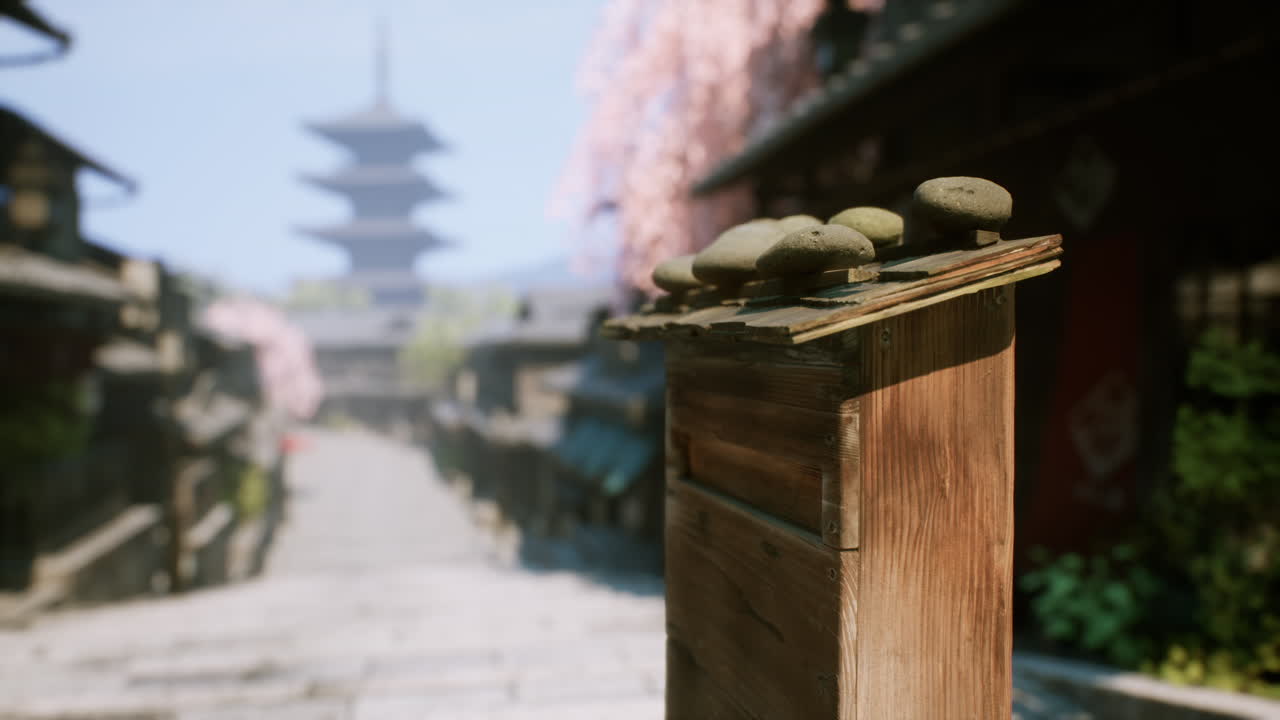 escena de un pueblo japonés con flores de cerezo y arquitectura antigua
